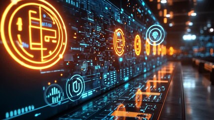 Poster - Futuristic digital display with glowing circuits and cryptocurrency symbols in a tech setting