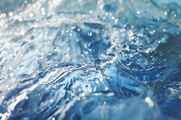 Poster - Clear water is splashing, creating bubbles and ripples on a textured blue surface
