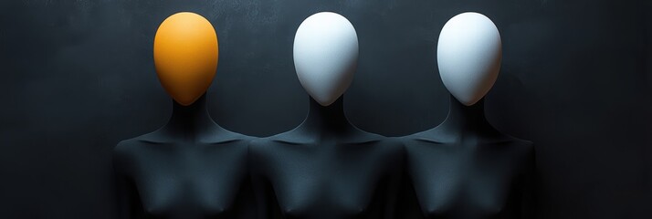 Poster - Black and white figures with one orange head in minimalist display setting