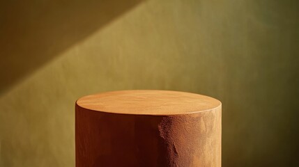 Wall Mural - Rustic cylindrical pedestal against textured green background for product display