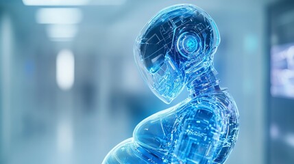 A futuristic robot with a transparent body showcases a pregnant form, emphasizing advancements in reproductive technology. The environment features sleek design and modern architecture.