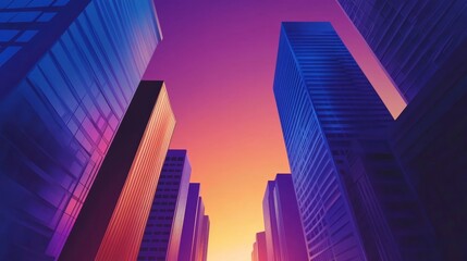 Wall Mural - urban skyline at sunset with vibrant colors illuminating towering buildings and reflections