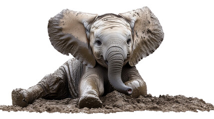 Baby elephant resting on the ground, adorable and playful expression.