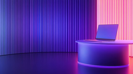 Poster - Modern workspace with a sleek laptop on a circular table, illuminated by vibrant purple and pink lights