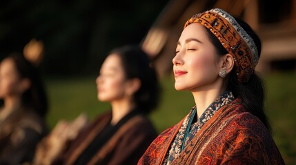 A serene moment of women meditating outdoors, adorned in traditional attire, embodying peace and cultural heritage amidst nature.