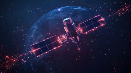 Wall Mural - A satellite is flying through space with a red and blue color scheme