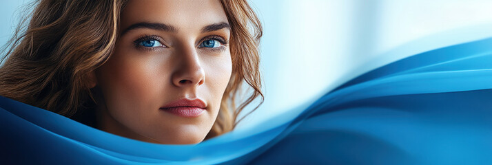 Poster - Elegant visual layout showcasing a woman's serene expression with flowing blue fabric