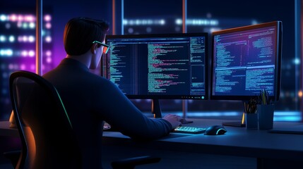 Aufkleber - A focused programmer working late at night, coding on multiple monitors in a modern office with city lights