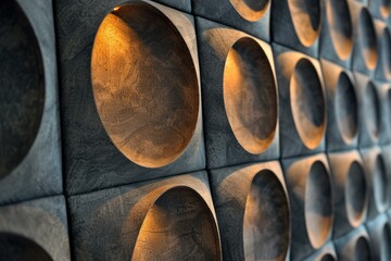 Poster - Warm lighting is illuminating a modern design wall with circular recesses