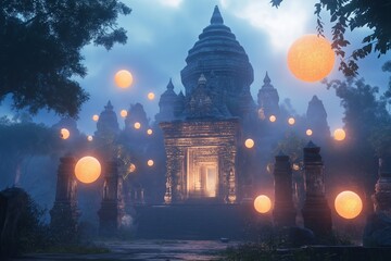 Wall Mural - A hidden temple surrounded by glowing floating orbs at dusk