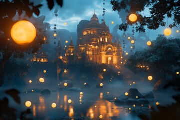 Wall Mural - A hidden temple surrounded by glowing floating orbs at dusk