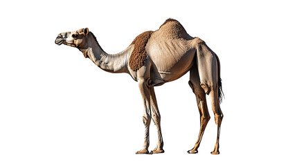 a realistic camel standing in profile view against a white isolated background.