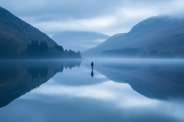 Poster - A lone fisherman in a vast, mirror-like lake at dawn