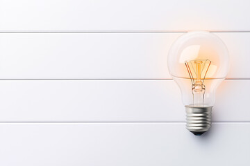 Poster - A bright LED light bulb hovers against a neutral white backdrop, emitting clean and even light. This minimalist composition captures innovation and simplicity in design during midday