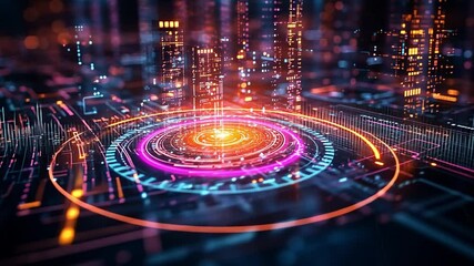 Poster - Vibrant digital cityscape with neon data patterns showcasing advanced technology infrastructure