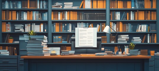 Poster - Manager office desk full of document and book. Generative AI technology.	
