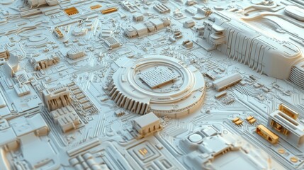 Fototapete - White texture background of a printed circuit board. Computer technology setting. Space for text. Gray scale PCB background