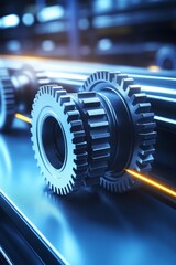 Poster - Abstract Background, Gears And Cogs In Blue And Yellow, Blurred Motion, Manufacturing