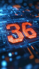 Poster - digital big 3d number 36 glowing in futuristic style against a technological abstract background
