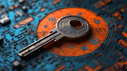 Fototapete - A digital technology concept featuring a key on a circuit board, representing security and access in modern networks. The intricate design includes multiple tech icons