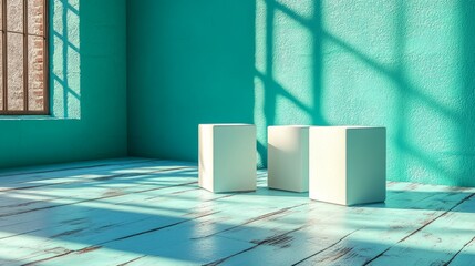 Poster - White square podiums are arranged in front of an abstract background, designed for a cosmetics demonstration. An award podium, composed of three square elements of varying sizes, rests on a blue