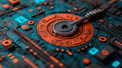 Fototapete - Digital technology illustrated with a key placed on a circuit board, symbolizing security and access in contemporary networks, with detailed designs featuring various tech symbols