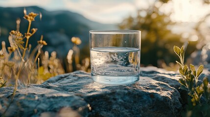 Poster - A clean glass of water sitting on a smooth stone surface, with soft light casting reflections on the surface of the glass, evoking a refreshing, pure feeling.