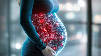 Poster - A pregnant woman stands in a modern setting, her belly illuminated with a vibrant digital pattern symbolizing embryonic growth. The atmosphere suggests a blend of technology and life.