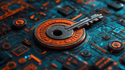 Poster - The concept of digital technology, depicted by a key on a circuit board, signifies security and access in modern networks, emphasized by an intricate design filled with tech icons