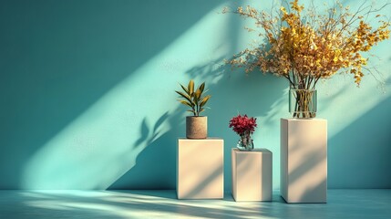 Poster - The stage for cosmetics demonstrations features white square podiums with an abstract backdrop. An award podium, made up of three squares of differing sizes, is placed on a blue background. Showcase