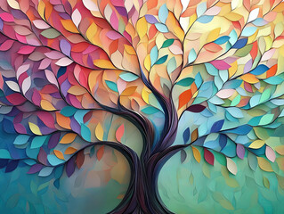 Rainbow Tree of Life: A vibrant and colorful tree with leaves of every hue bursts forth from the canvas, radiating optimism and joy in an abstract painting.  