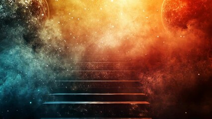 Poster - Stairway leading into a cosmic realm filled with vibrant colors and celestial elements at dawn