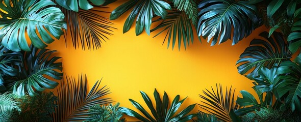 Poster - A colorful summer background featuring ample space for text, augmented with a vibrant 3D illustration of a tropical palm branch