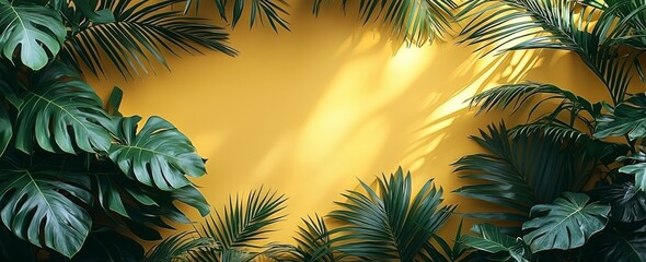 Poster - A vivid summer backdrop with open copy space, enhanced by a bright yellow 3D image of a tropical palm frond