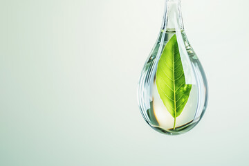 Poster - A single droplet of oil floats, revealing a vibrant green leaf within. The soft light of midday enhances the minimalist design against a neutral backdrop, creating an eco-conscious vibe