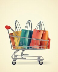 Aufkleber - A simple, elegant stack of shopping bags in a shopping cart, with each bag in a different color to represent diversity in consumer choices.