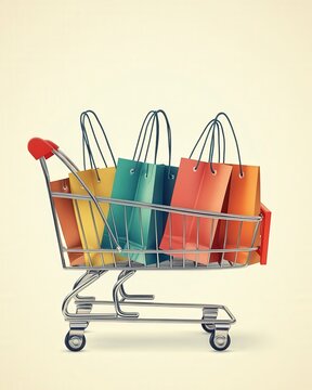 A simple, elegant stack of shopping bags in a shopping cart, with each bag in a different color to represent diversity in consumer choices.
