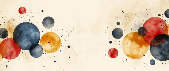 Poster - A design in a contemporary art style with circular shapes and dots in vibrant colors like pink, blue, yellow, red, green, and purple on a light beige or white background