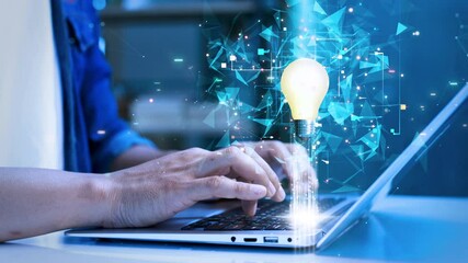 Poster - Hands typing on a laptop with a glowing lightbulb and futuristic digital elements, symbolizing innovation, creativity, and technology-driven ideas.
