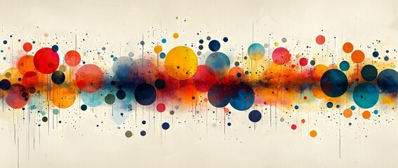 Poster - A modern art background design featuring circles and spots in various hues of pink, blue, yellow, red, green, and purple set against a light beige or white backdrop