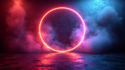 Aufkleber - 3d render of an abstract cloud illuminated by a neon light ring against a dark night sky, surrounded by a glowing geometric shape within a round frame