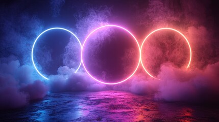 Aufkleber - Colorful neon ring glowing inside a stormy cloud on a dark sky with an abstract background