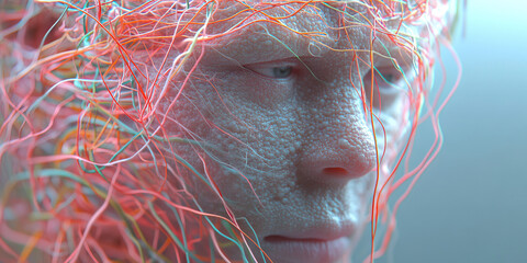 Poster - digital render: human face with multicolored strands
