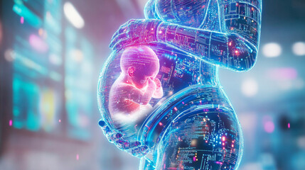 Poster - A futuristic depiction showcases a robotic figure gently cradling a glowing embryo within its metallic abdomen.