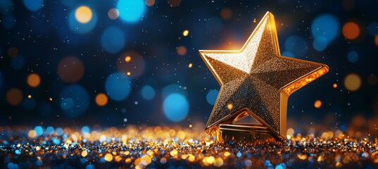Wall Mural - star trophy award for music nomination winner with bokeh light sparkle background. generative ai tec