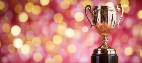 Wall Mural - trophy award for music or sport nomination winner with bokeh pink light background. generative ai te