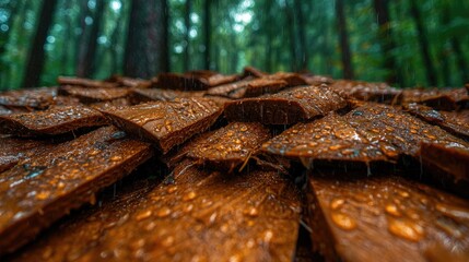 Rain-soaked wooden shingles, forest background, nature texture, ideal for websites