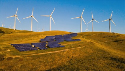 Wall Mural - Wind turbines generating electricity from wind power and solar panels converting sunlight into electricity are installed on a hilltop, representing sustainable energy production