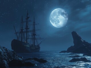 Wall Mural - ship at night with full moon