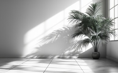 Poster - a minimalist light background featuring a blurred foliage shadow on a white wall